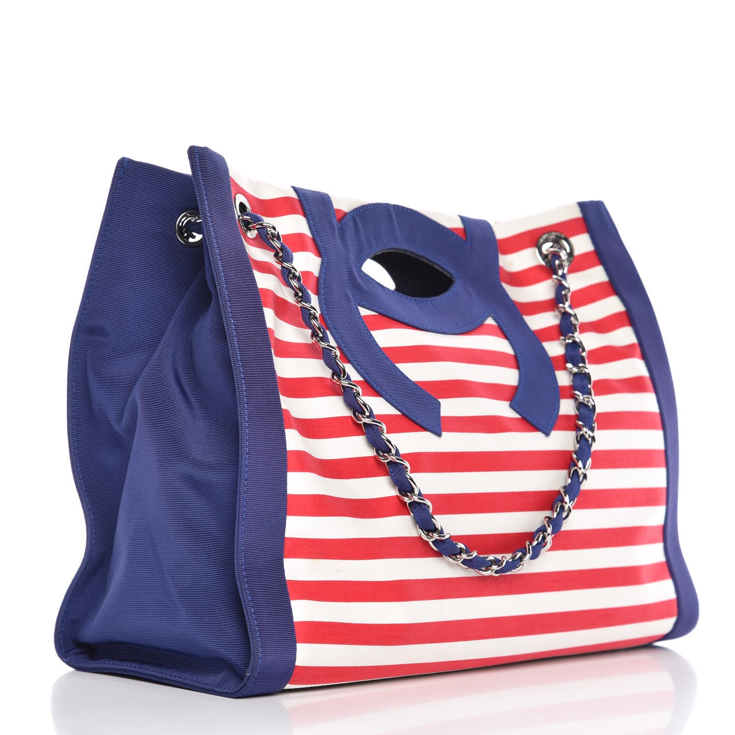 Chanel Striped Canvas CC Shopping Tote Blue Red White 3 of 13