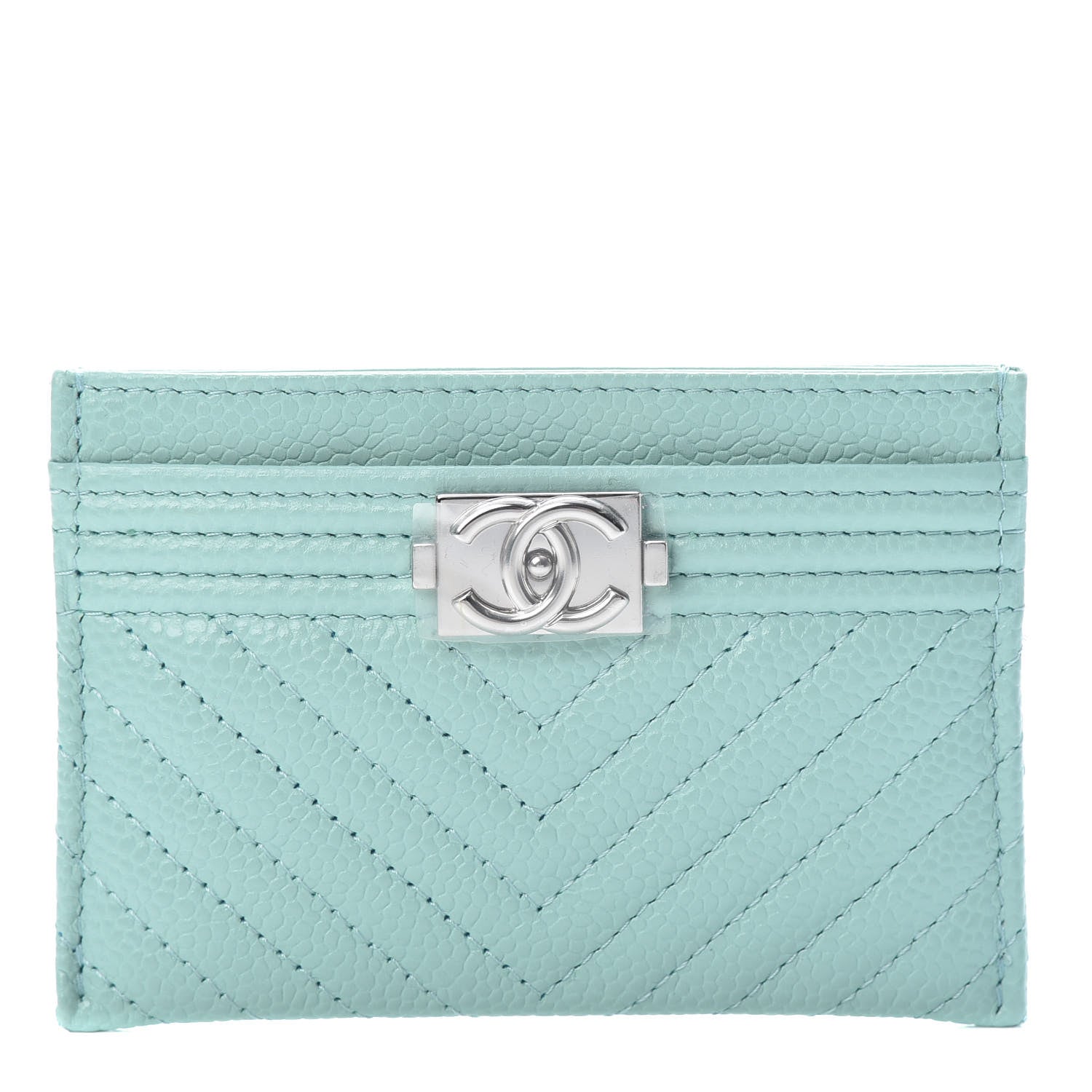 Chanel Caviar Quilted Chevron Boy Card Holder Light Blue 1 of 8