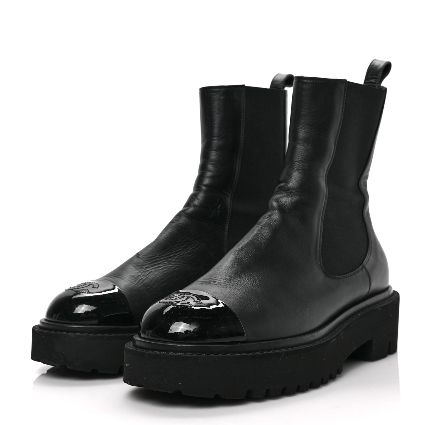 Crumpled Calfskin Patent Cap Toe Short Boots 39 Black