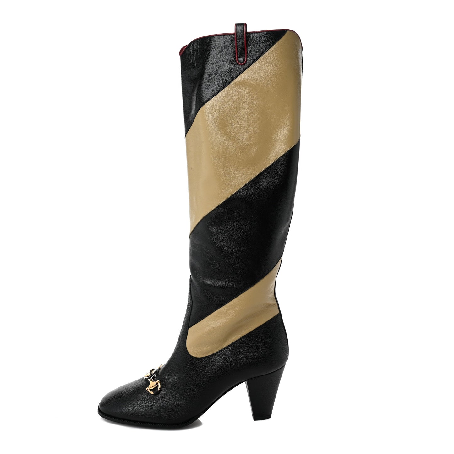 Calfskin Wrinkled Kid Diagonal Striped Zumi Knee Boots 38.5 Black Beige Romantic Cherry