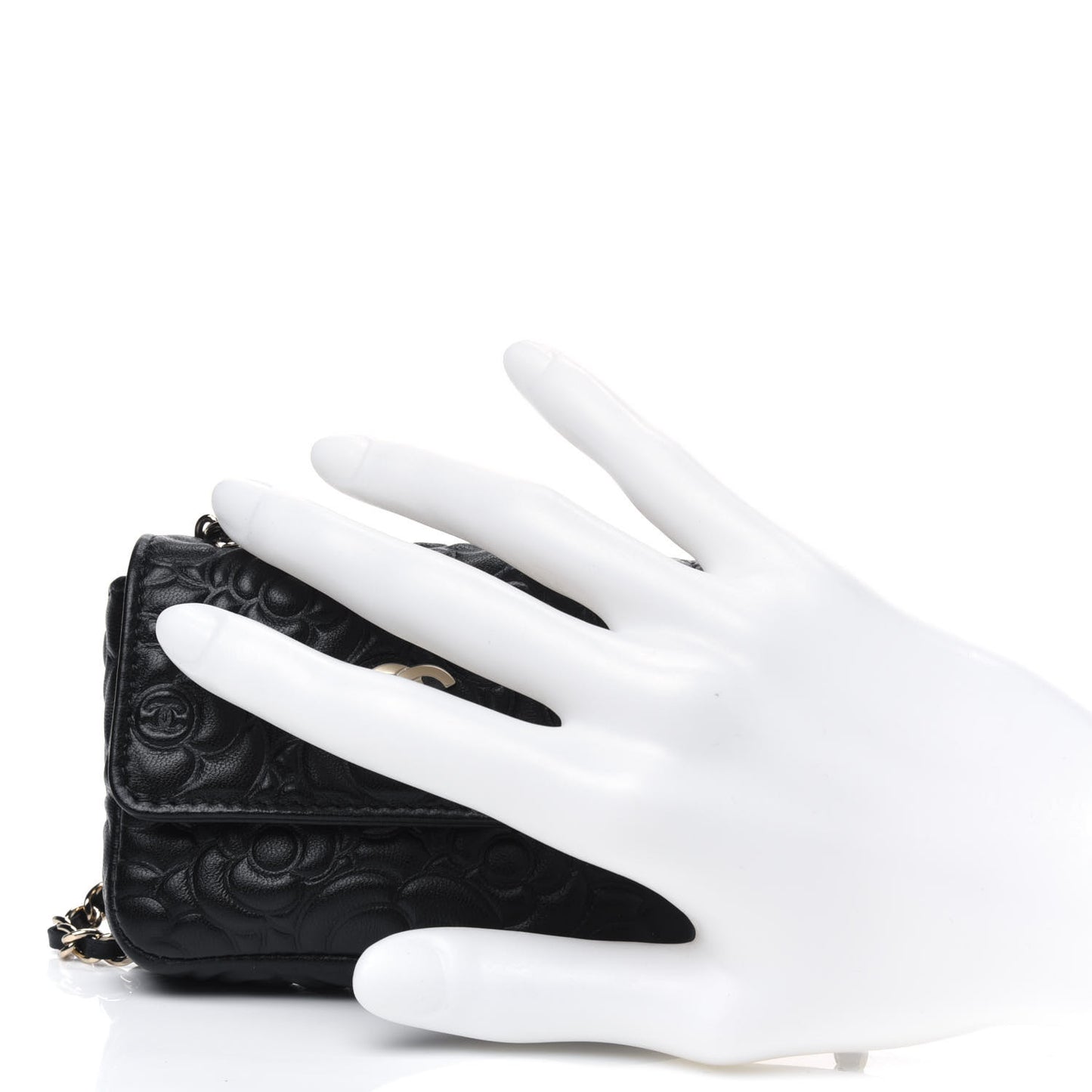 Lambskin Camellia Embossed Chain Belt Bag Black