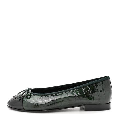 Chanel Patent Calfskin Crocodile Embossed Ballerina Flats 37 Dark Green Black 1 of 10