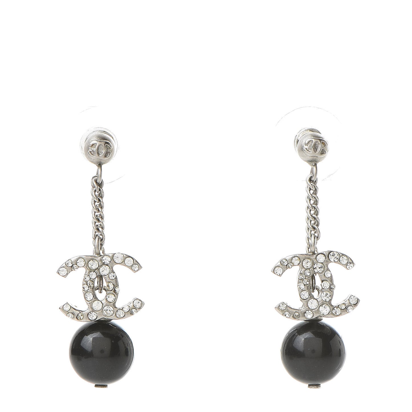 Crystal Pearl CC Dangle Earrings Silver Black