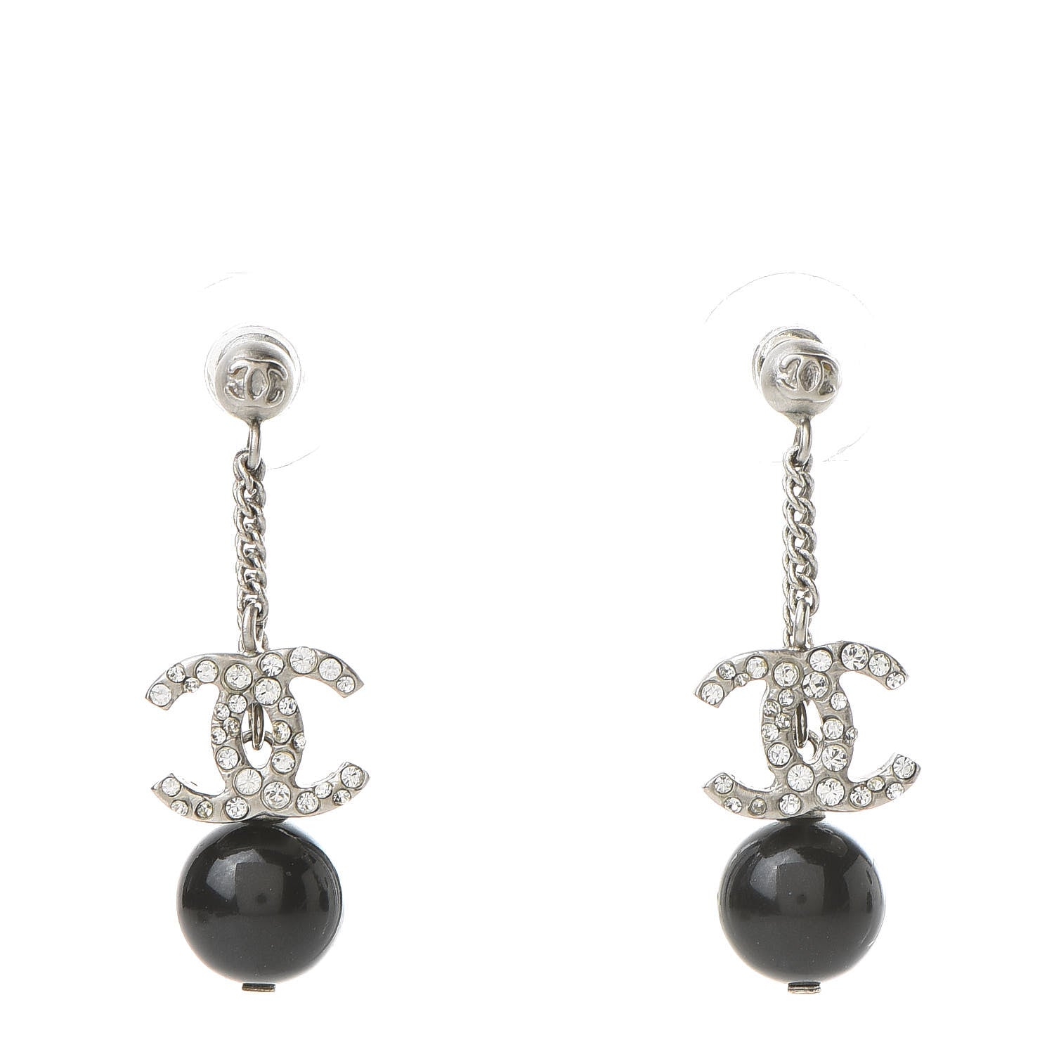 Chanel Crystal Pearl CC Dangle Earrings Silver Black 1 of 6