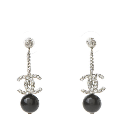 Chanel Crystal Pearl CC Dangle Earrings Silver Black 1 of 6