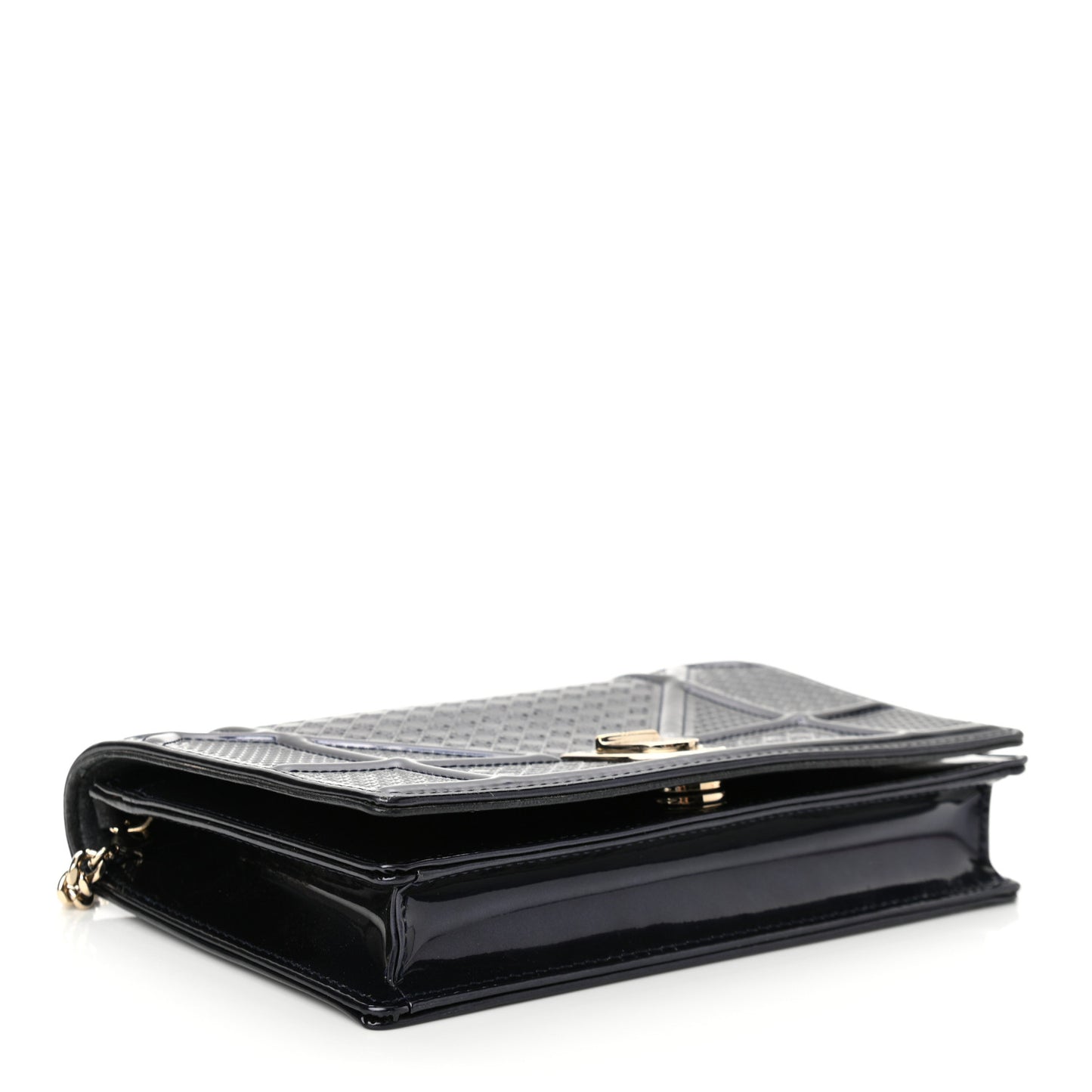 Metallic Patent Micro-Cannage Diorama Wallet on Chain Pouch Navy Blue