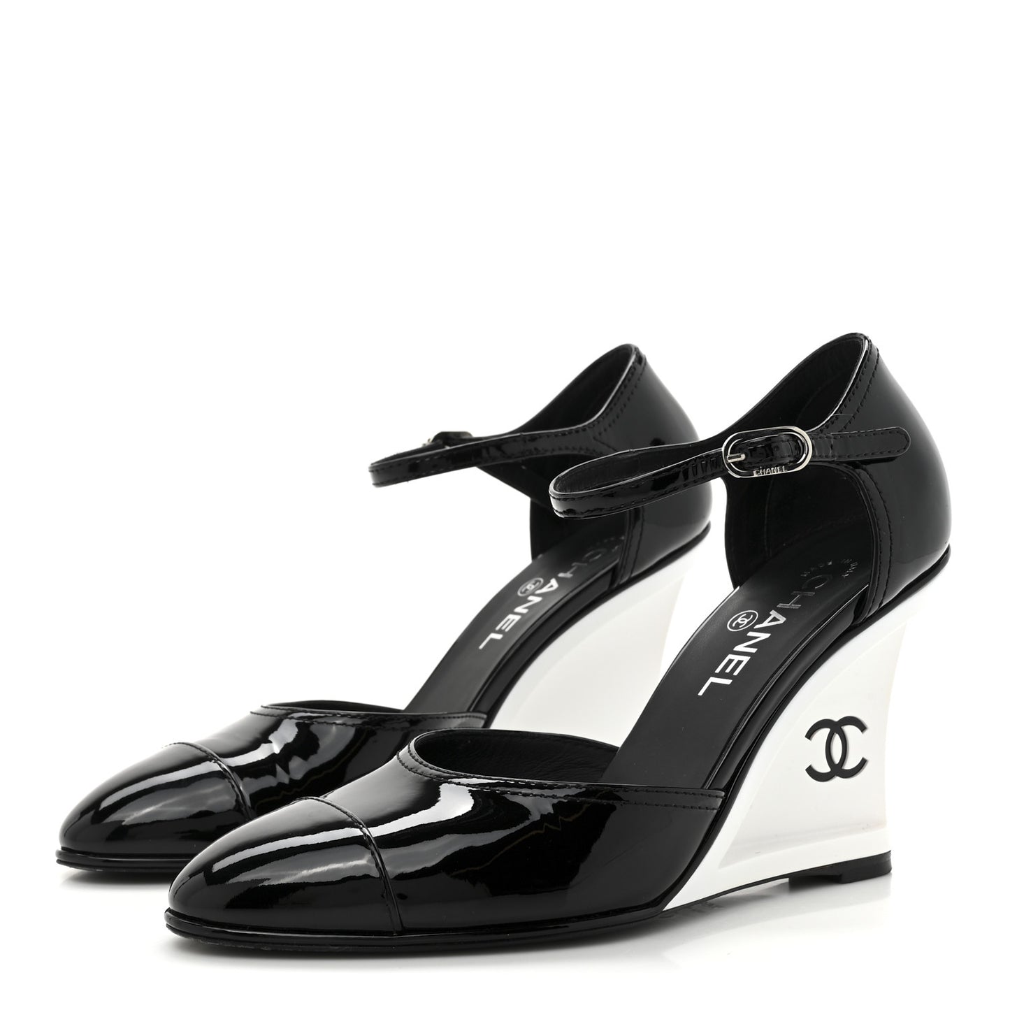 Patent Cap Toe CC Wedge Ankle Strap Pumps 39.5 Black White