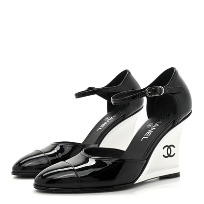 Chanel Patent Cap Toe CC Wedge Ankle Strap Pumps 39.5 Black White 4 of 11
