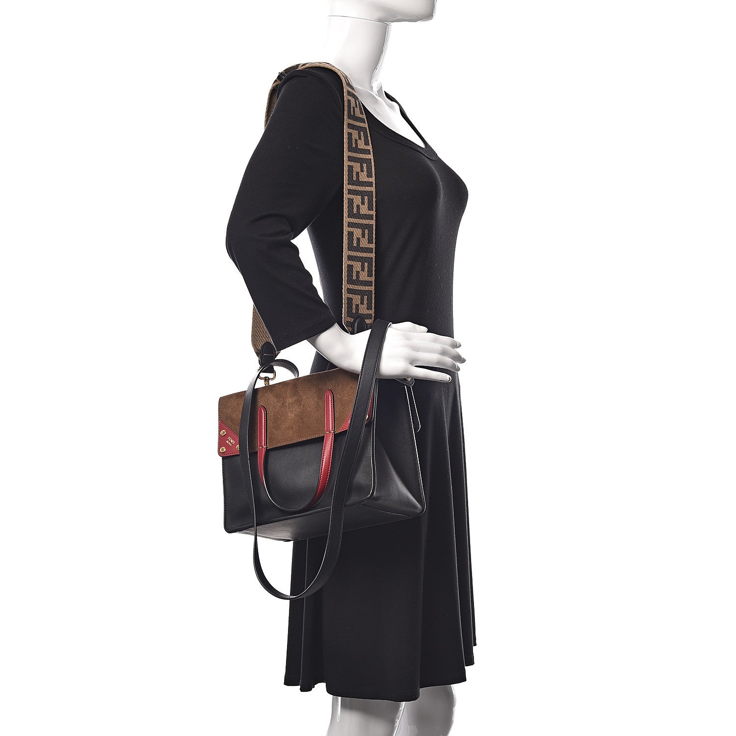 Fendi Vitello Grace Suede Small Flip Tote Black Fragola Marrone 2 of 10
