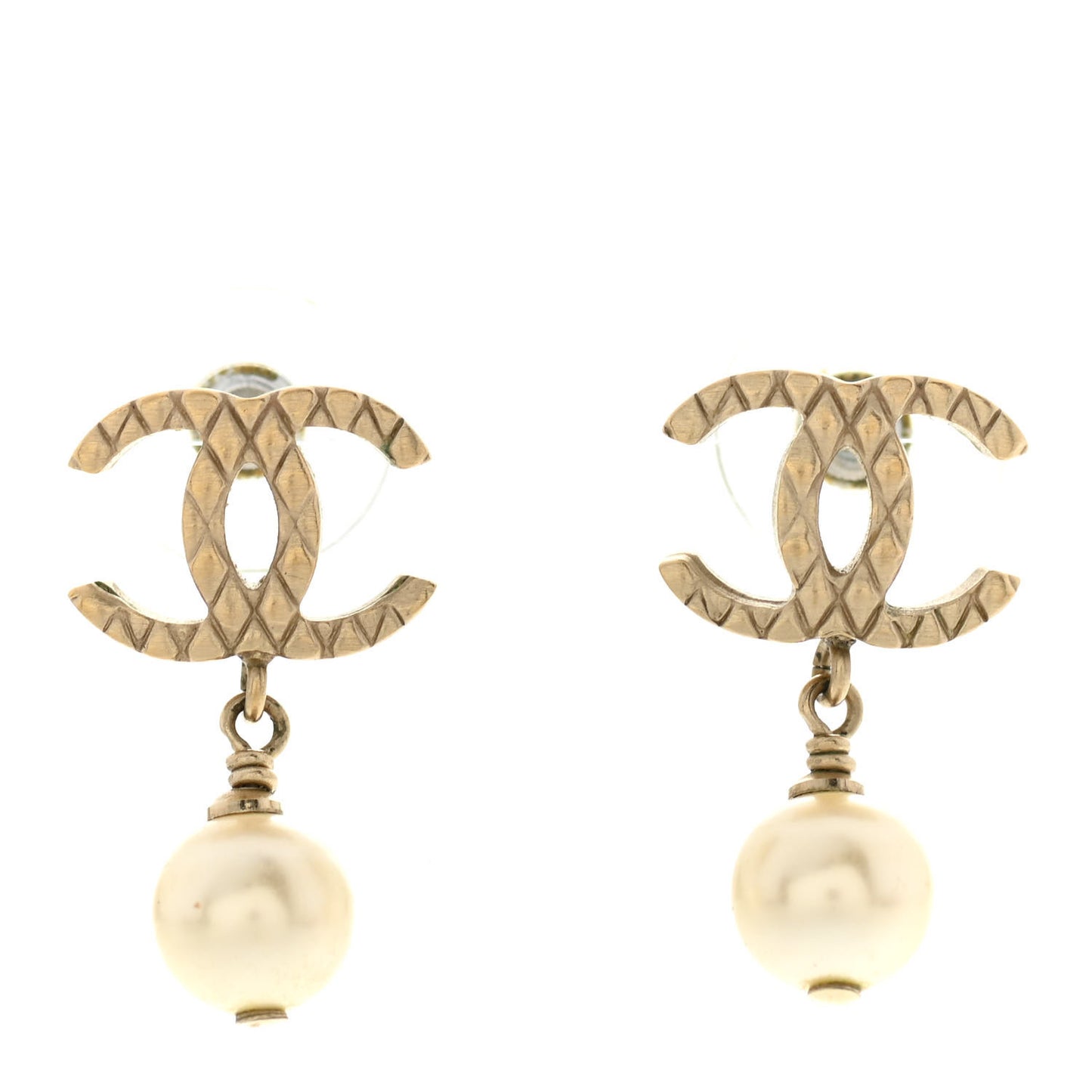 Pearl Quilted CC Drop Earrings Gold