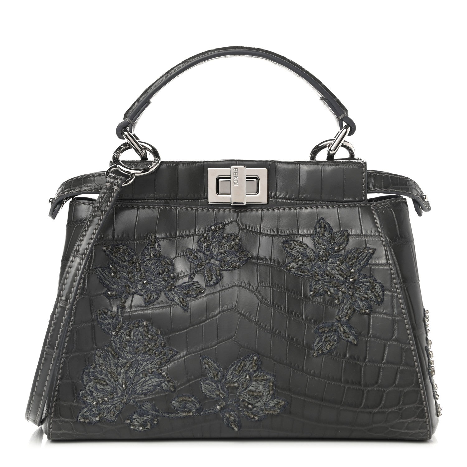 Fendi Crocodile Embroidered Mini Peekaboo Iconic Satchel Grey 1 of 11