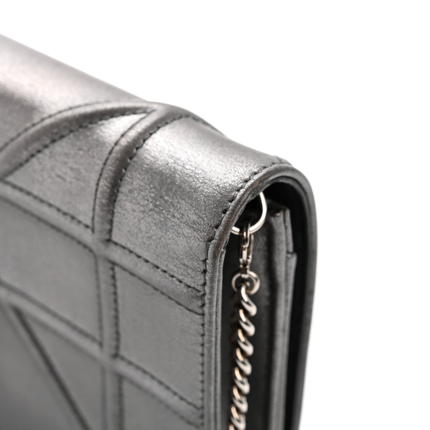Metallic Grained Calfskin Diorama Wallet on Chain Pouch Gunmetal Grey