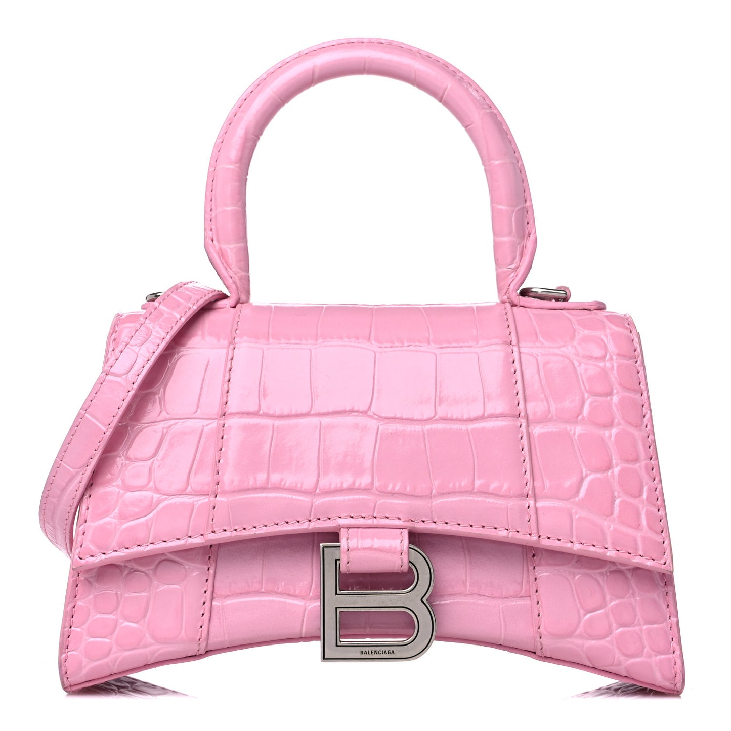 Shiny Calfskin Crocodile Embossed Hourglass Top Handle Bag XS Candy Pink