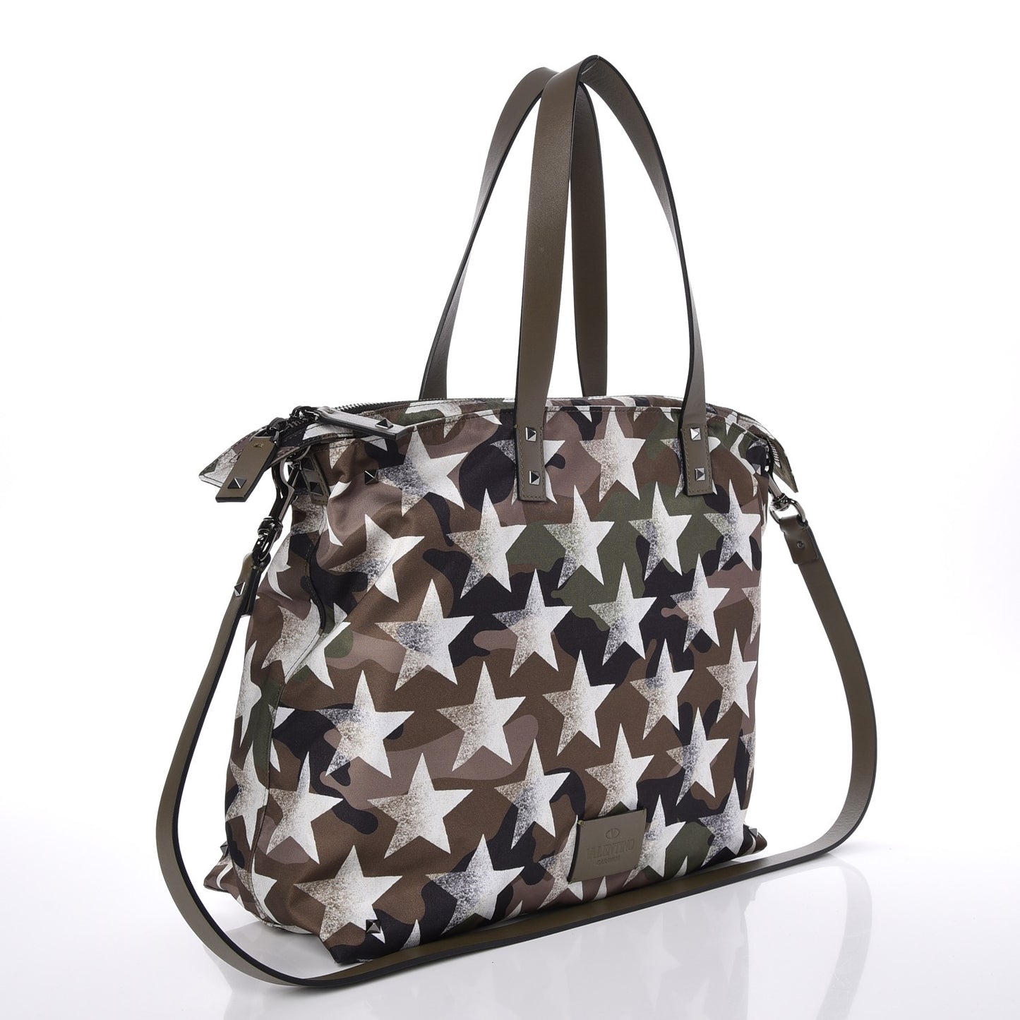 Nylon Printed Camustars Rockstud Vertical Tote Army Green White
