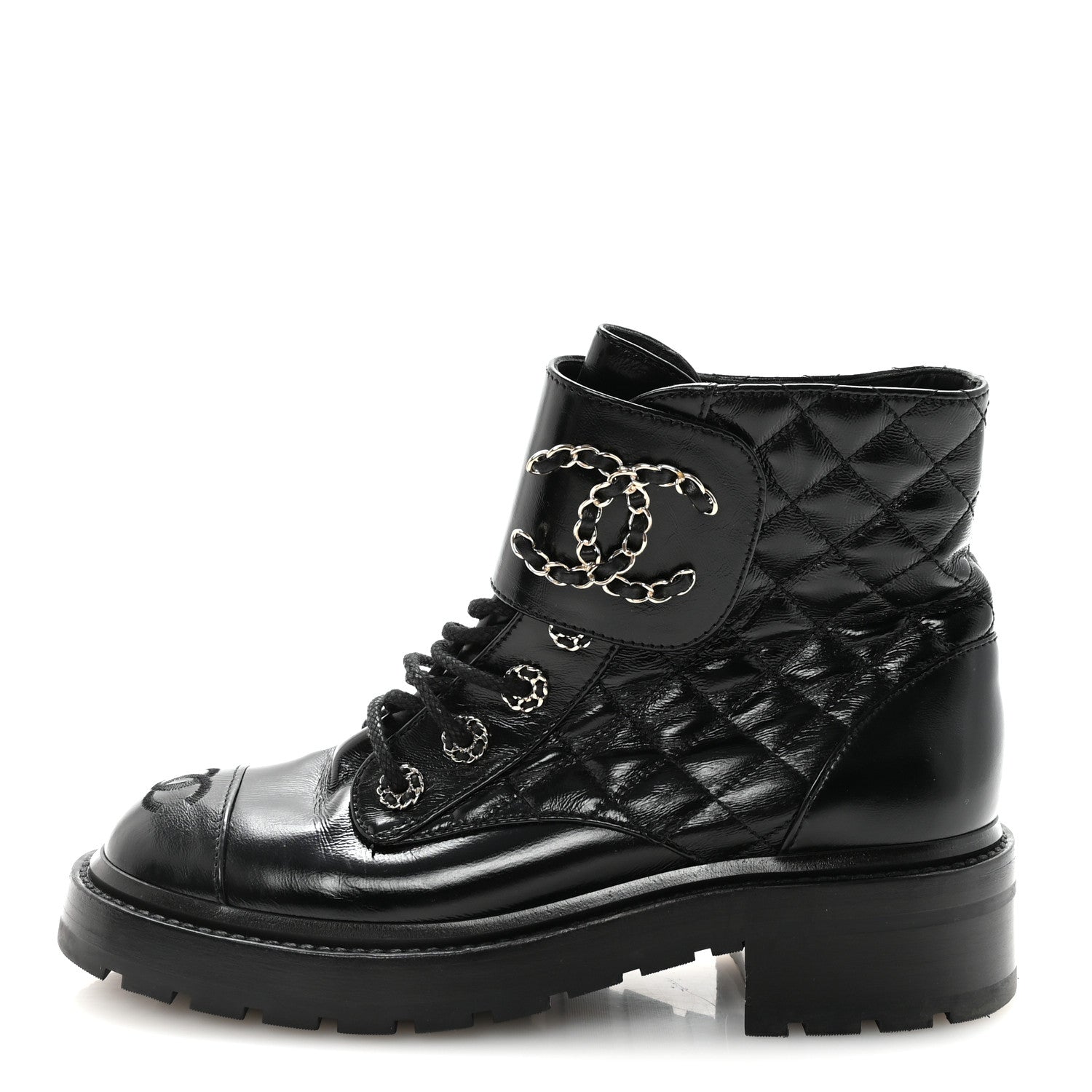 Chanel Shiny Calfskin Quilted Lace Up Combat Boots 37.5 Black 2 of 20
