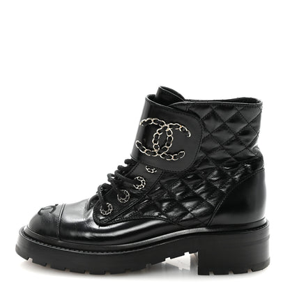 Chanel Shiny Calfskin Quilted Lace Up Combat Boots 37.5 Black 2 of 20