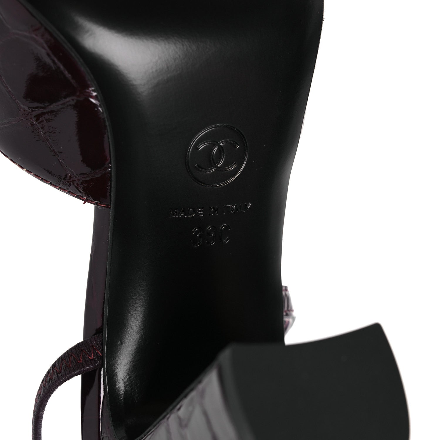 Chanel Patent Calfskin Crocodile Embossed Cap Toe CC Slingback 39 Dark Burgundy Black 8 of 13