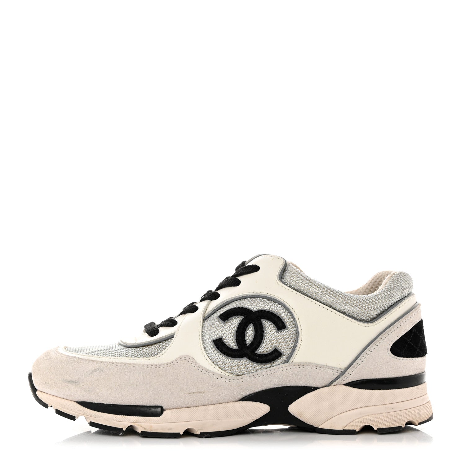 Chanel Calfskin Fabric Womens CC Sneakers 39.5 Black White Silver 1 of 9
