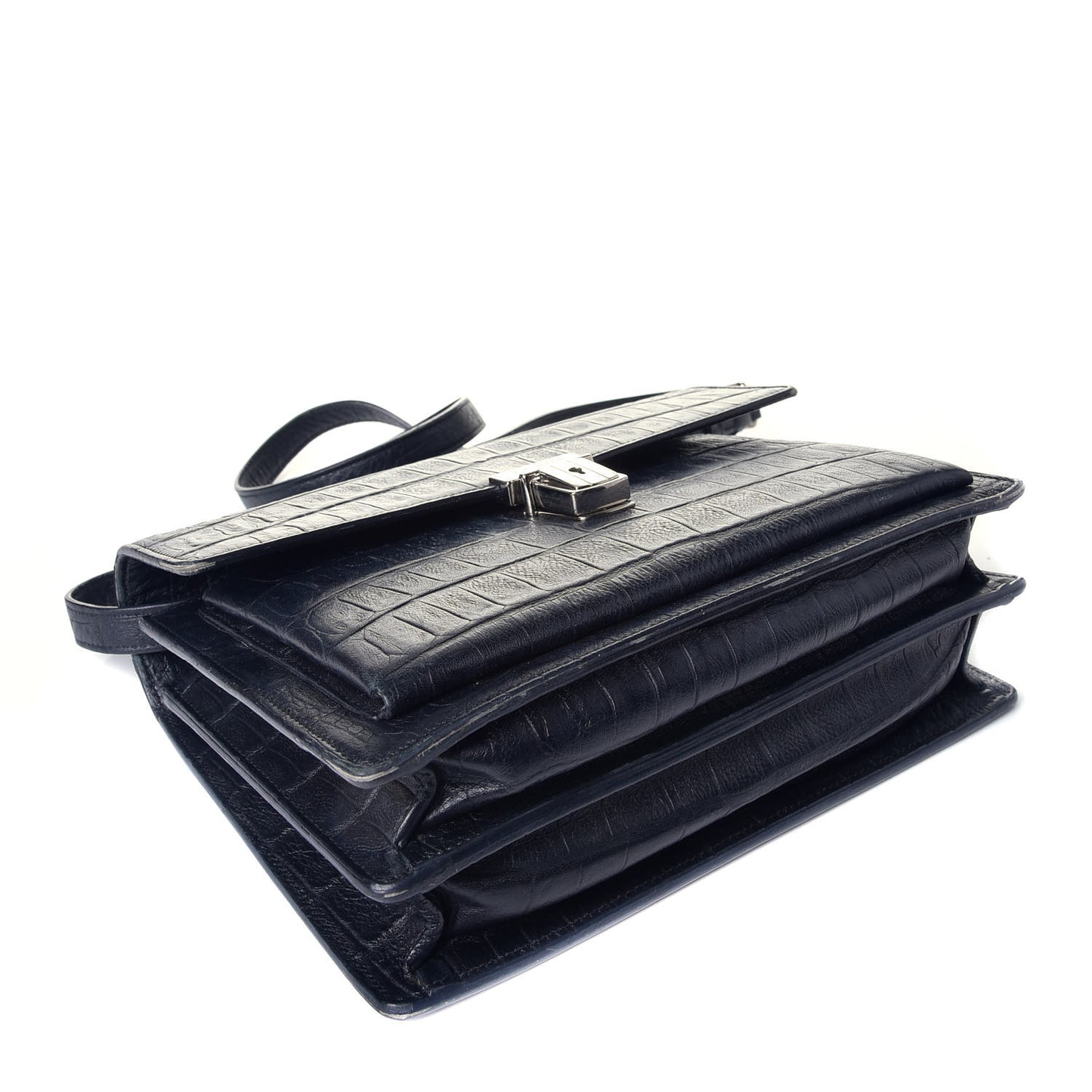 Calfskin Crocodile Embossed Medium High School Satchel Navy