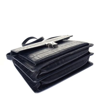 Saint Laurent Calfskin Crocodile Embossed Medium High School Satchel Navy 4 of 10