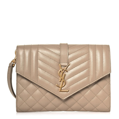 Saint Laurent Grain De Poudre Textured Mixed Matelasse Triquilt Monogram Clutch Dark Beige 1 of 12