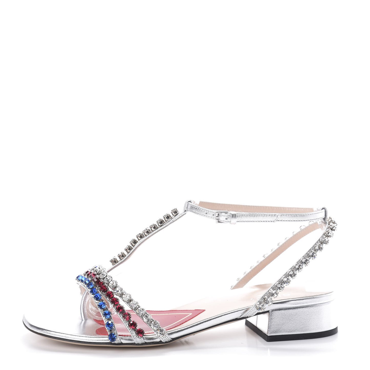 Nappa Silk Crystal Bertie T-Strap Low Heel Sandals 36 Argento