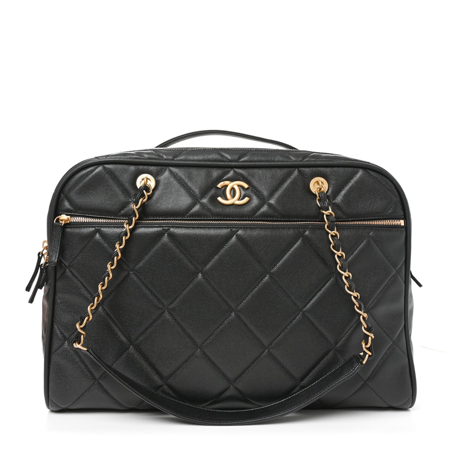 Shiny Grained Calfskin Quilted Travel Bowling Bag Black