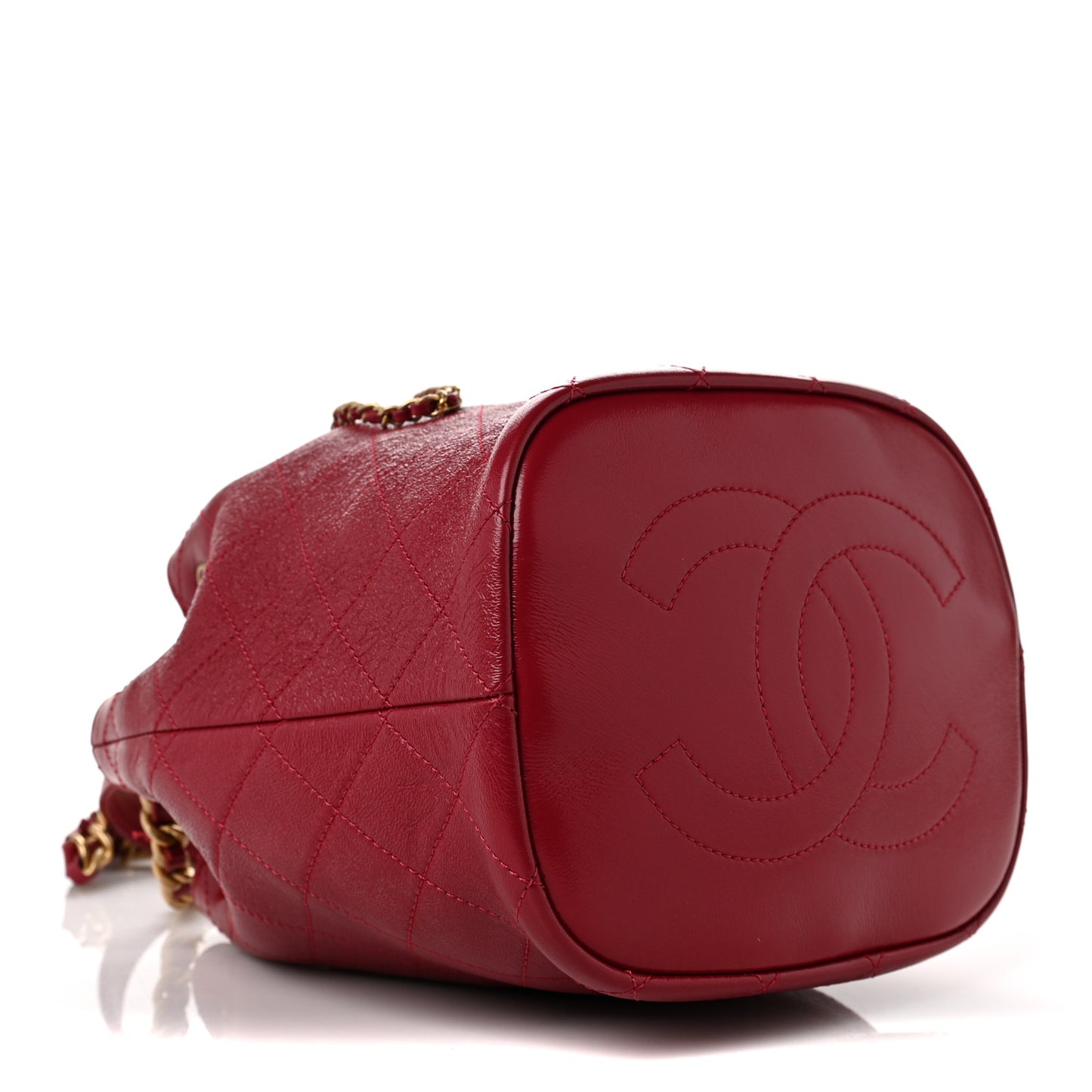 CHANE Shiny Lambskin Quilted Fashion Therapy Bucket Drawstring Bag Red