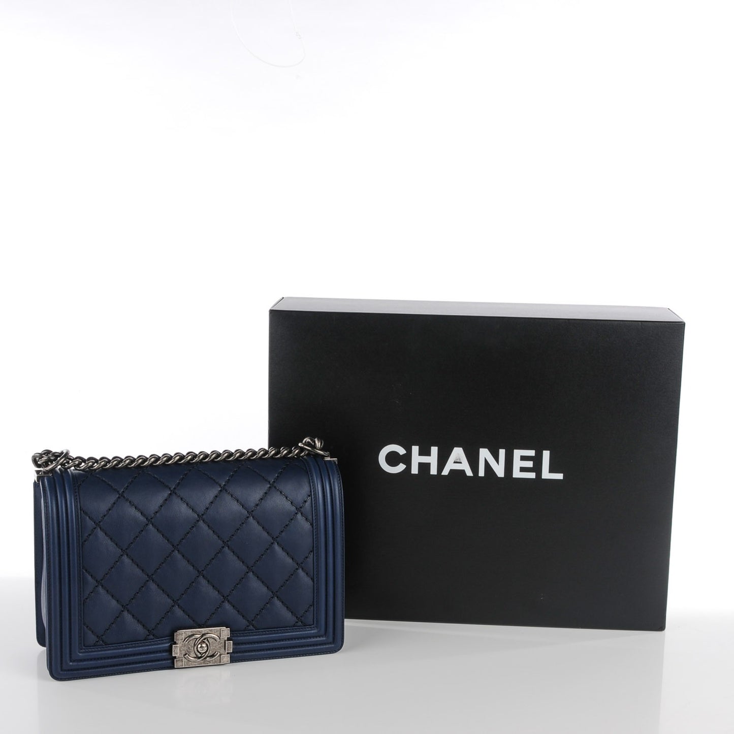 Calfskin Quilted Double Stitch Medium Boy Flap Navy Blue