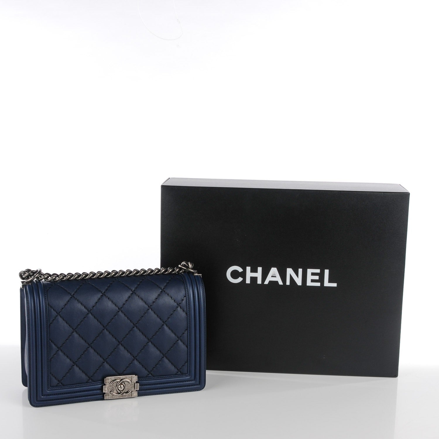 Chanel Calfskin Quilted Double Stitch Medium Boy Flap Navy Blue 8 of 8