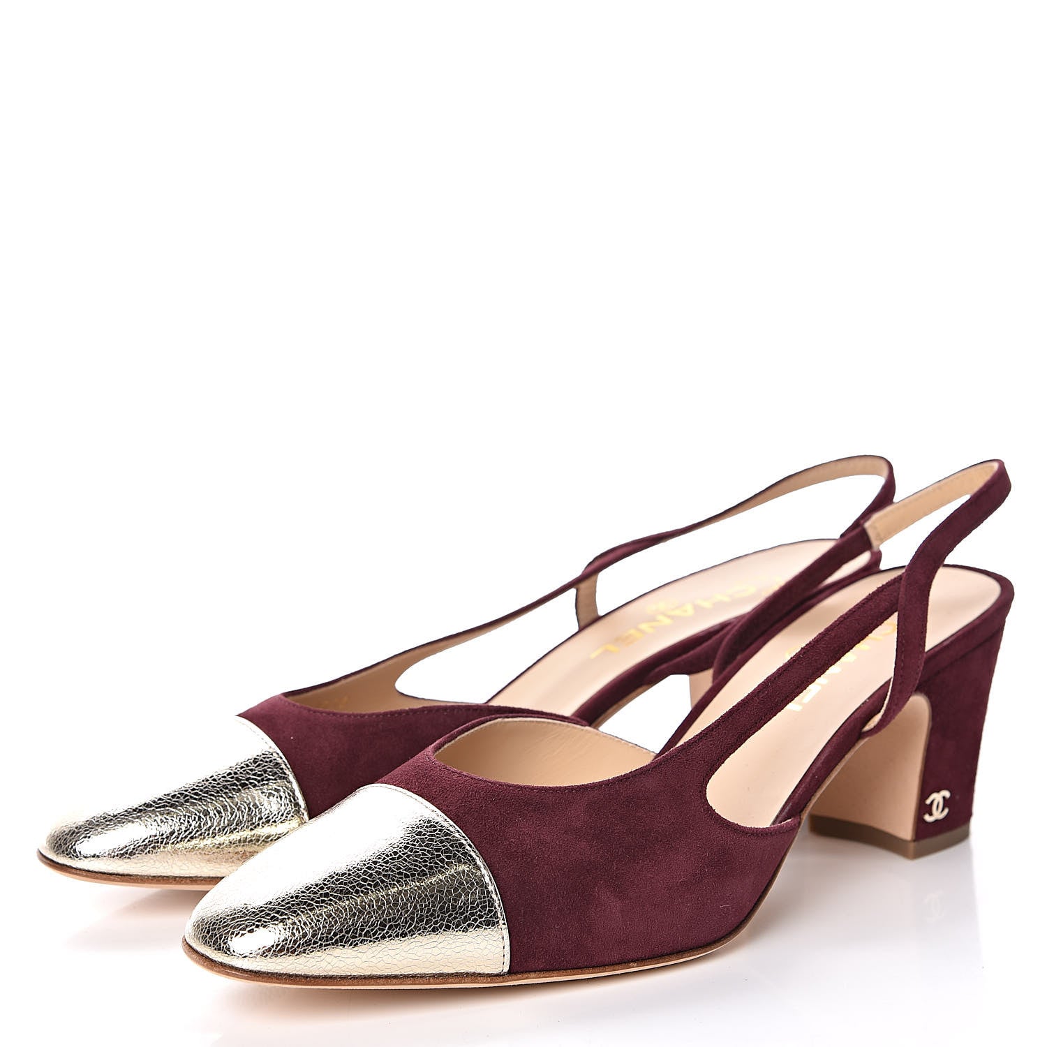 Chanel Kid Suede Metallic Lambskin Cap Toe CC Slingback Pumps 41.5 Burgundy Gold 3 of 9