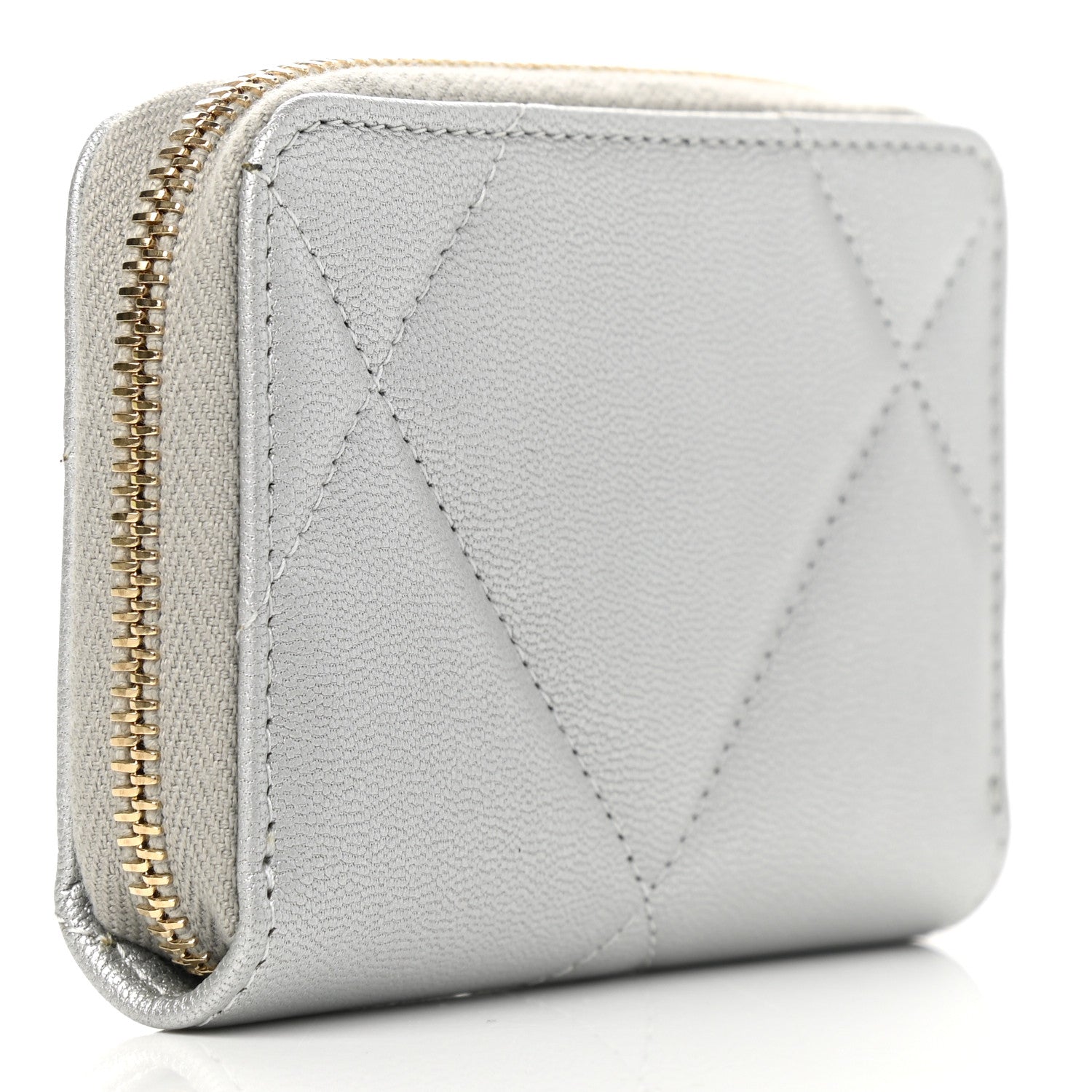 Chanel Metallic Goatskin Quilted Chanel 19 Zip Around Coin Purse Wallet Silver 4 of 15