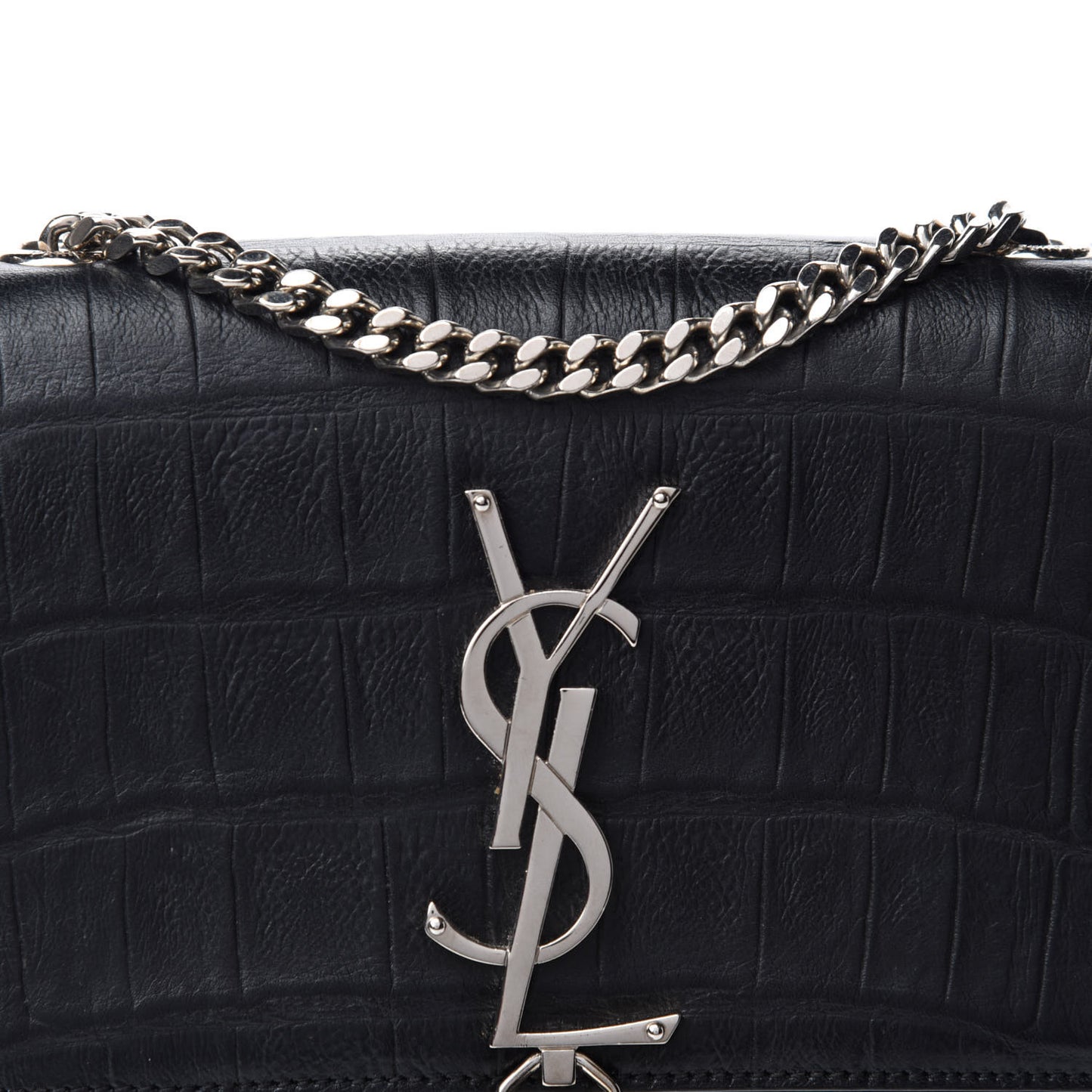 Calfskin Crocodile Embossed Monogram Small Kate Tassel Satchel Black