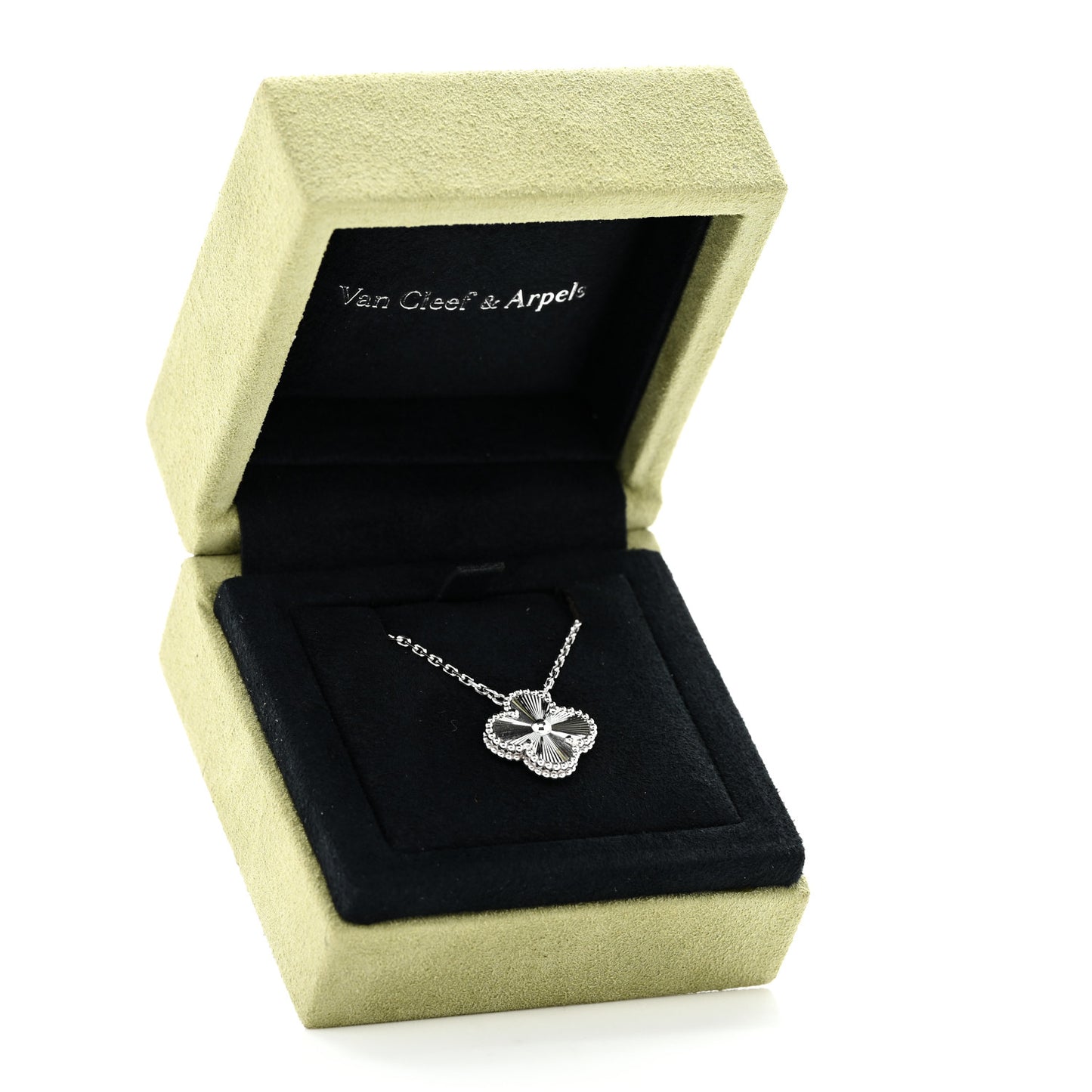 18K White Gold Guilloche Vintage Alhambra Pendant Necklace