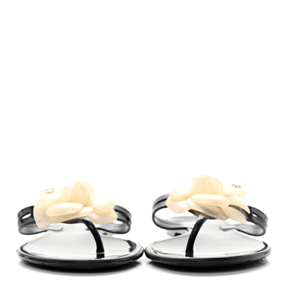 Chanel Jelly Camellia Thong Sandals 41 Black Ivory 2 of 12