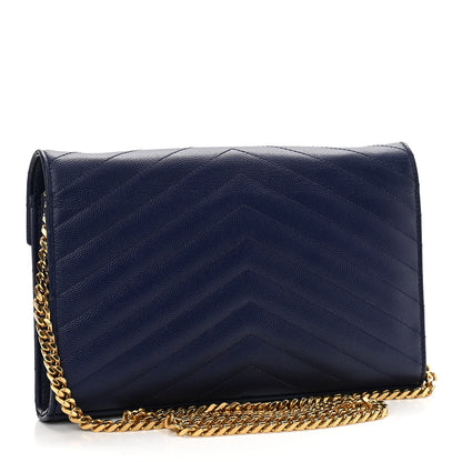 Saint Laurent Grain De Poudre Matelasse Chevron Monogram Chain Wallet Navy 2 of 11