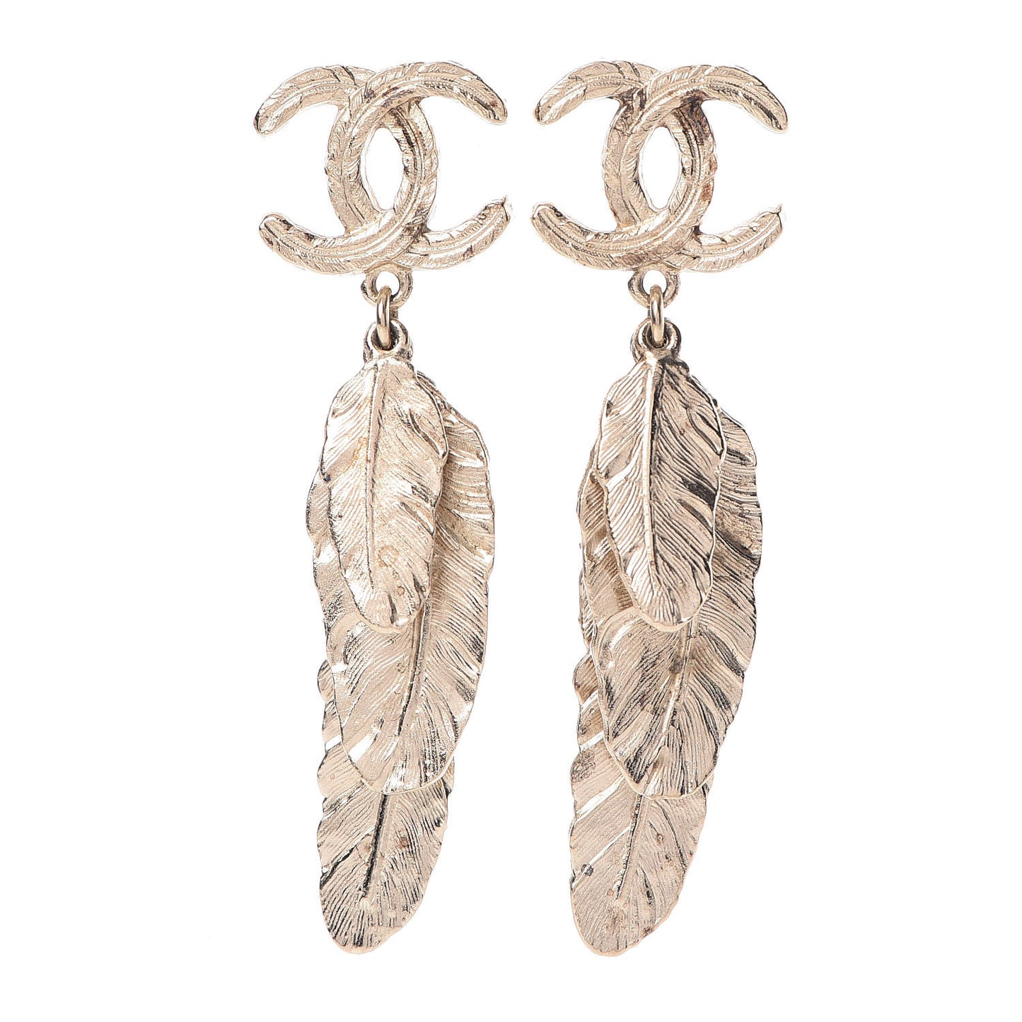 Feather CC Drop Earrings Gold