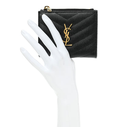Saint Laurent Grain De Poudre Matelasse Chevron Monogram Zipped Card Case Black 2 of 9