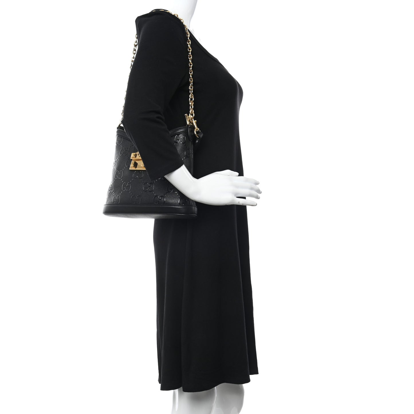 Wonka Grain Calfskin GG Monogram Debossed Small Padlock Shoulder Bag Black