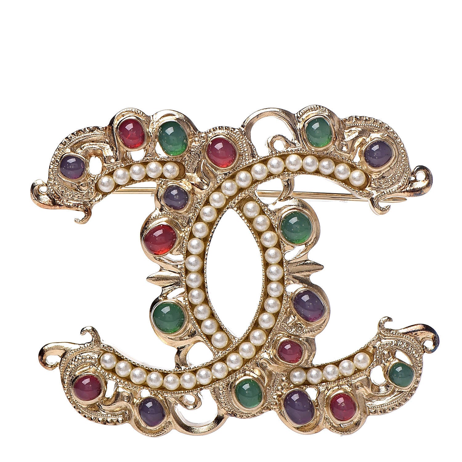 Chanel Gripoix Pearl CC Brooch Multicolor Light Gold 1 of 5