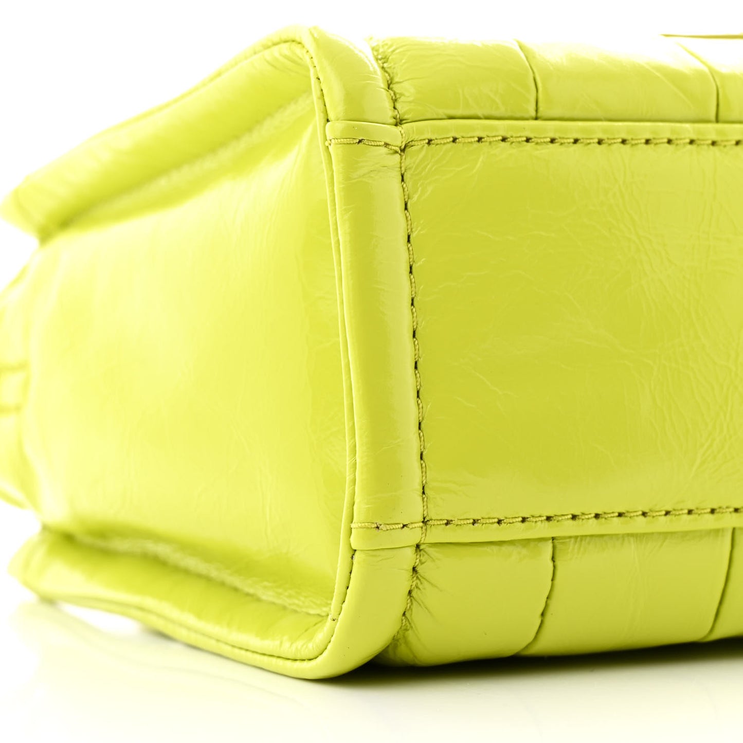 Shiny Crinkled Calfskin Mini The Tote Bag Acid Lime