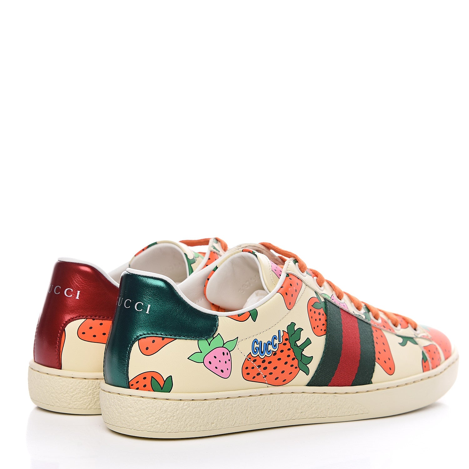 Gucci Calfskin Web Strawberry Print Womens Ace Sneakers 37.5 Ivory Red Green 4 of 11