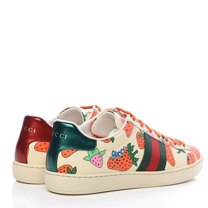 Gucci Calfskin Web Strawberry Print Womens Ace Sneakers 37.5 Ivory Red Green 4 of 11