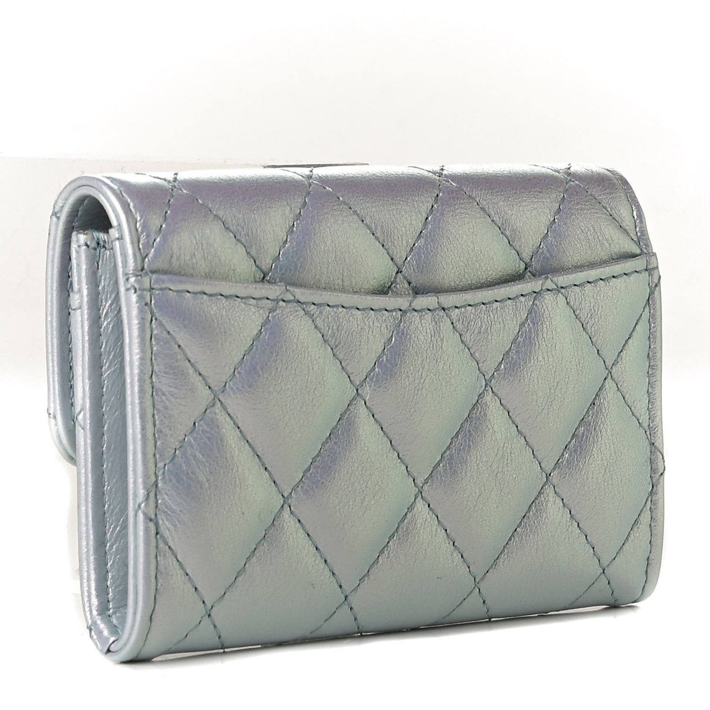 Iridescent Calfskin Quilted Flap Card Holder Light Blue
