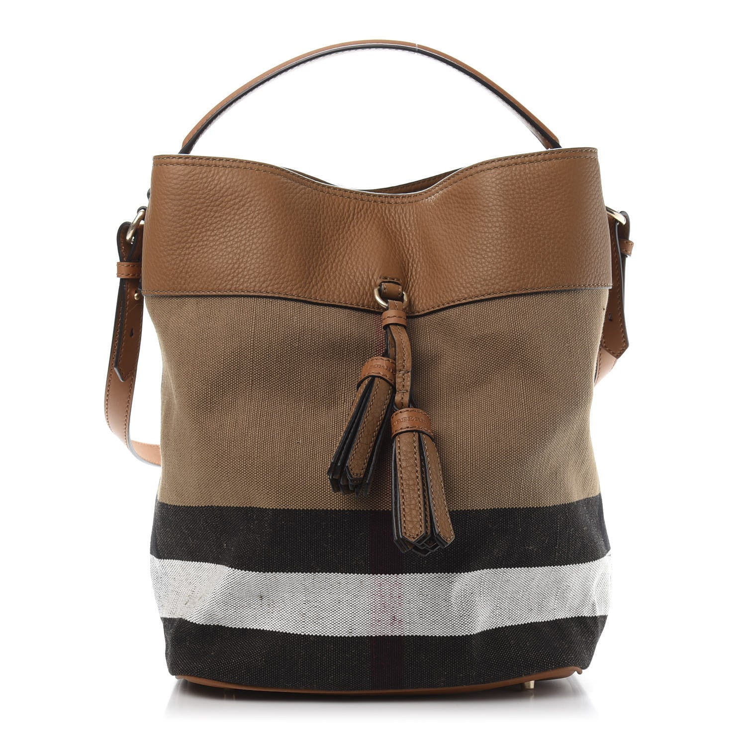 Burberry Grainy Calfskin Canvas Mega Check Medium Ashby Tassel Hobo Saddle Brown 1 of 9