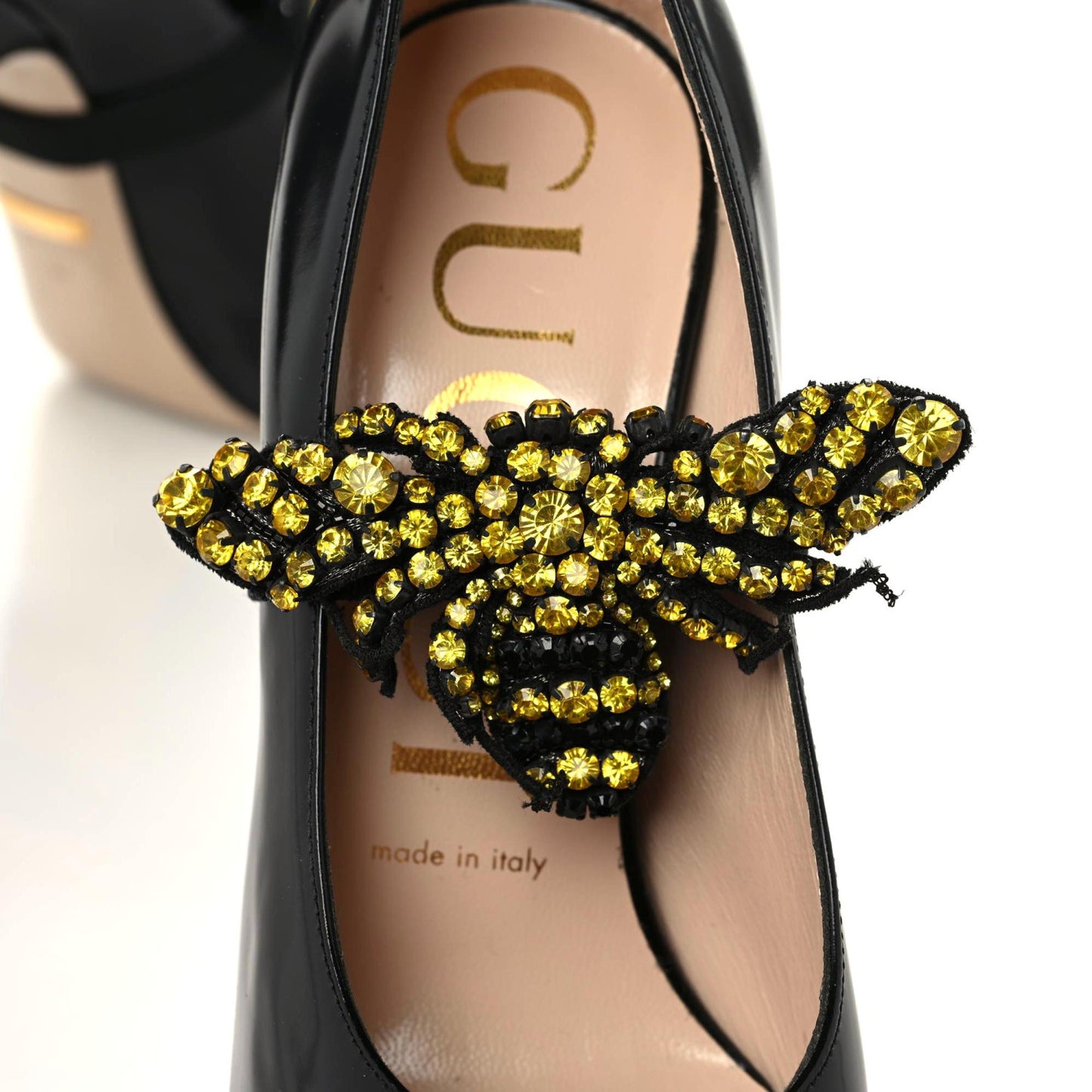 Polished Calfskin Removable Bee Elaisa Platform High Heel Pumps 37 Black