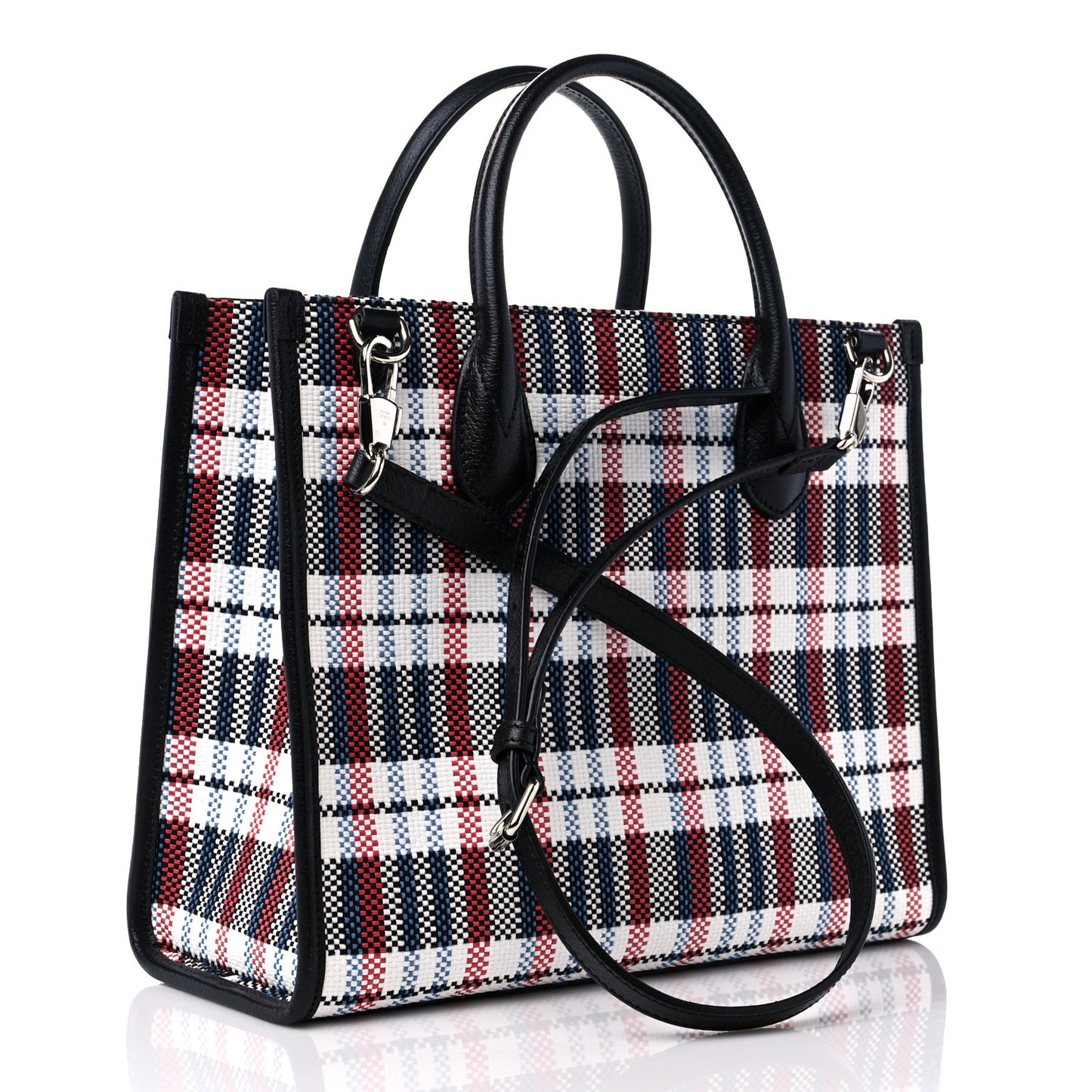 Canvas Plaid ICCUG Embroidered Small Tote Bag Black White Red Blue Smile Yellow