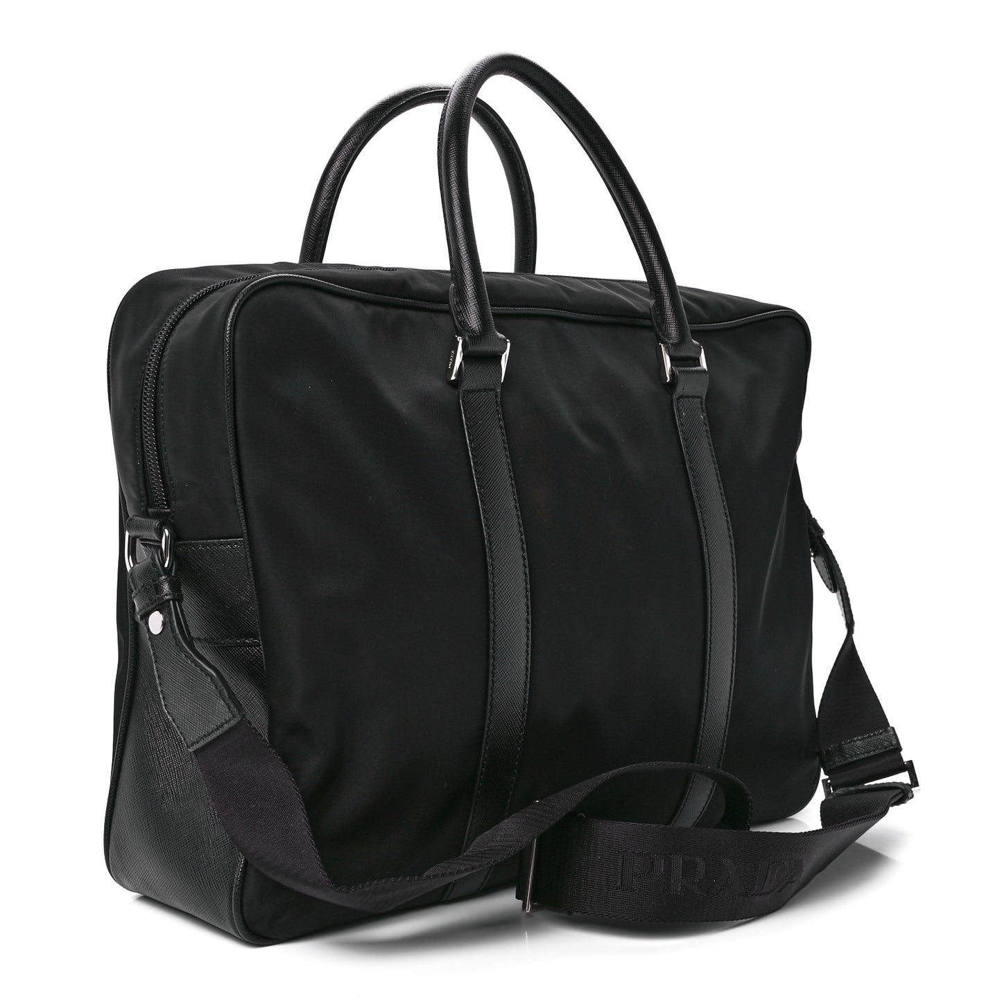 Tessuto Nylon Saffiano Metal Triangle Logo Work Bag Black