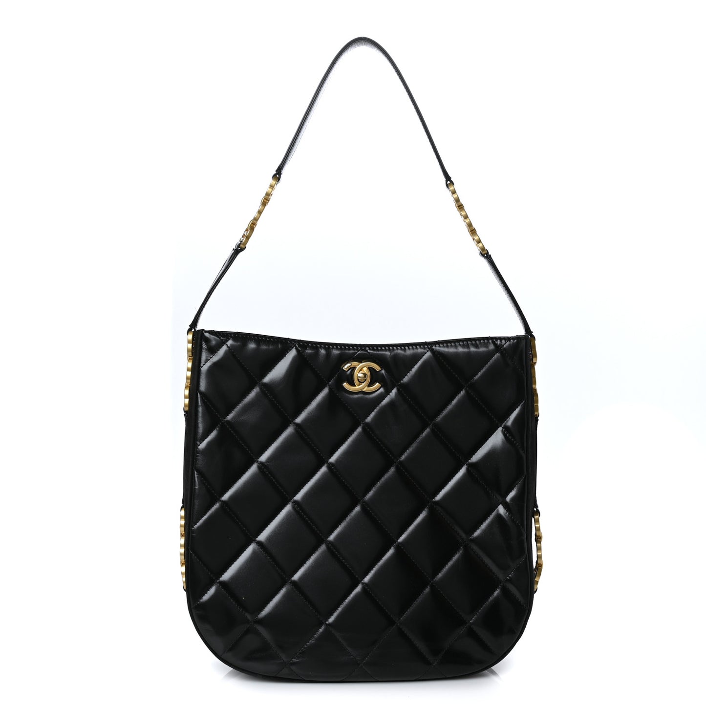 Shiny Calfskin Suede Goatskin Quilted Hobo Black