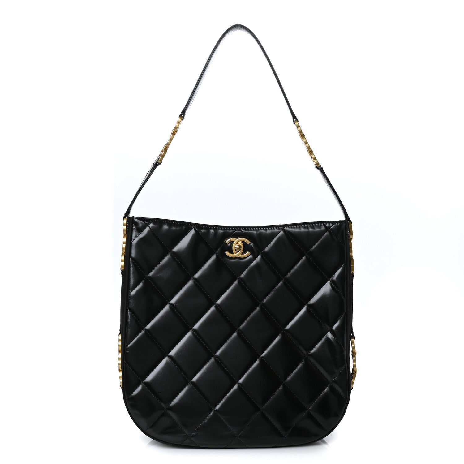 Chanel Shiny Calfskin Suede Goatskin Quilted Hobo Black 1 of 8